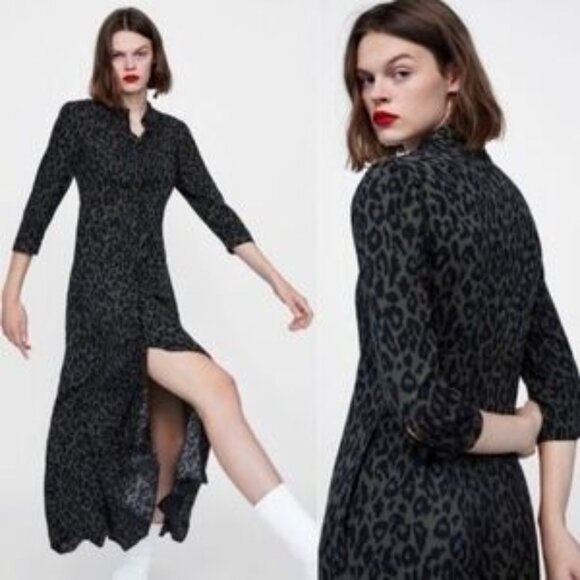 Zara Leopard Print With Side Pockets Button-Down Maxi Dress - Picture 1 of 1